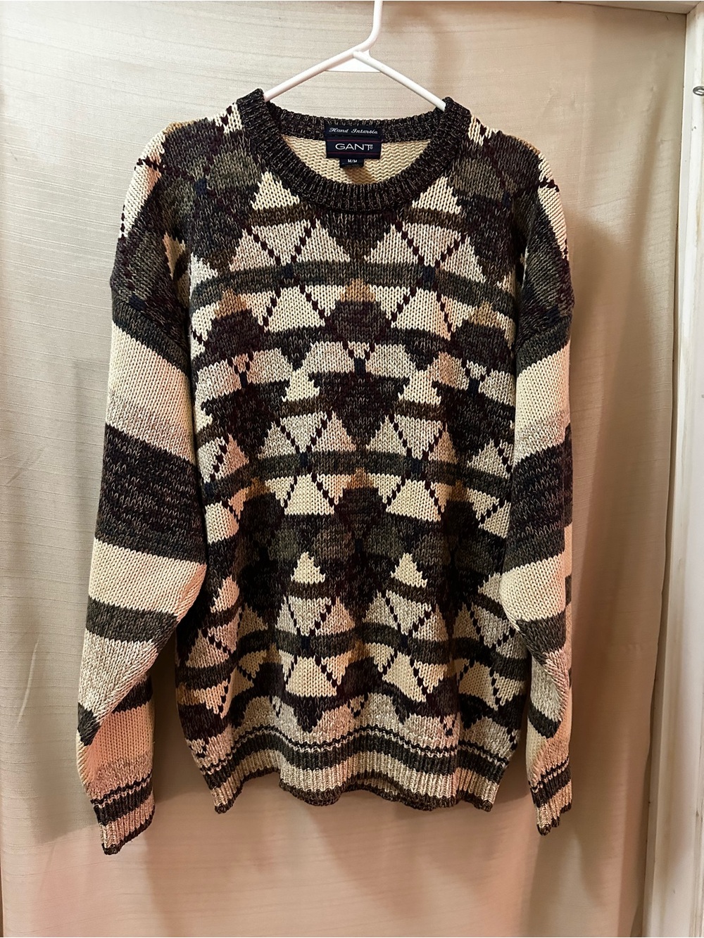 Vintage GANT Mens Hand Intarsia Geometric Cotton Knit Sweater 90s Medium